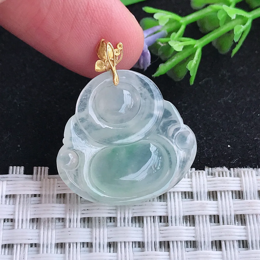 自然光21.2/22.8/5.7老坑18k金镶嵌冰种飘花小佛公吊坠翡翠玉石挂件