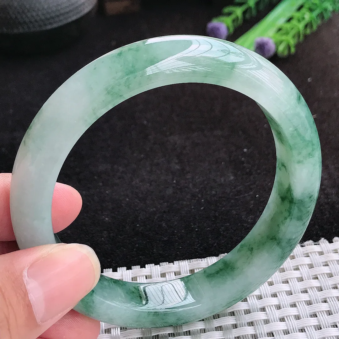 自然光59/12.8/8.9老坑冰胶水灵飘花宽边手镯天然翡翠玉镯女款