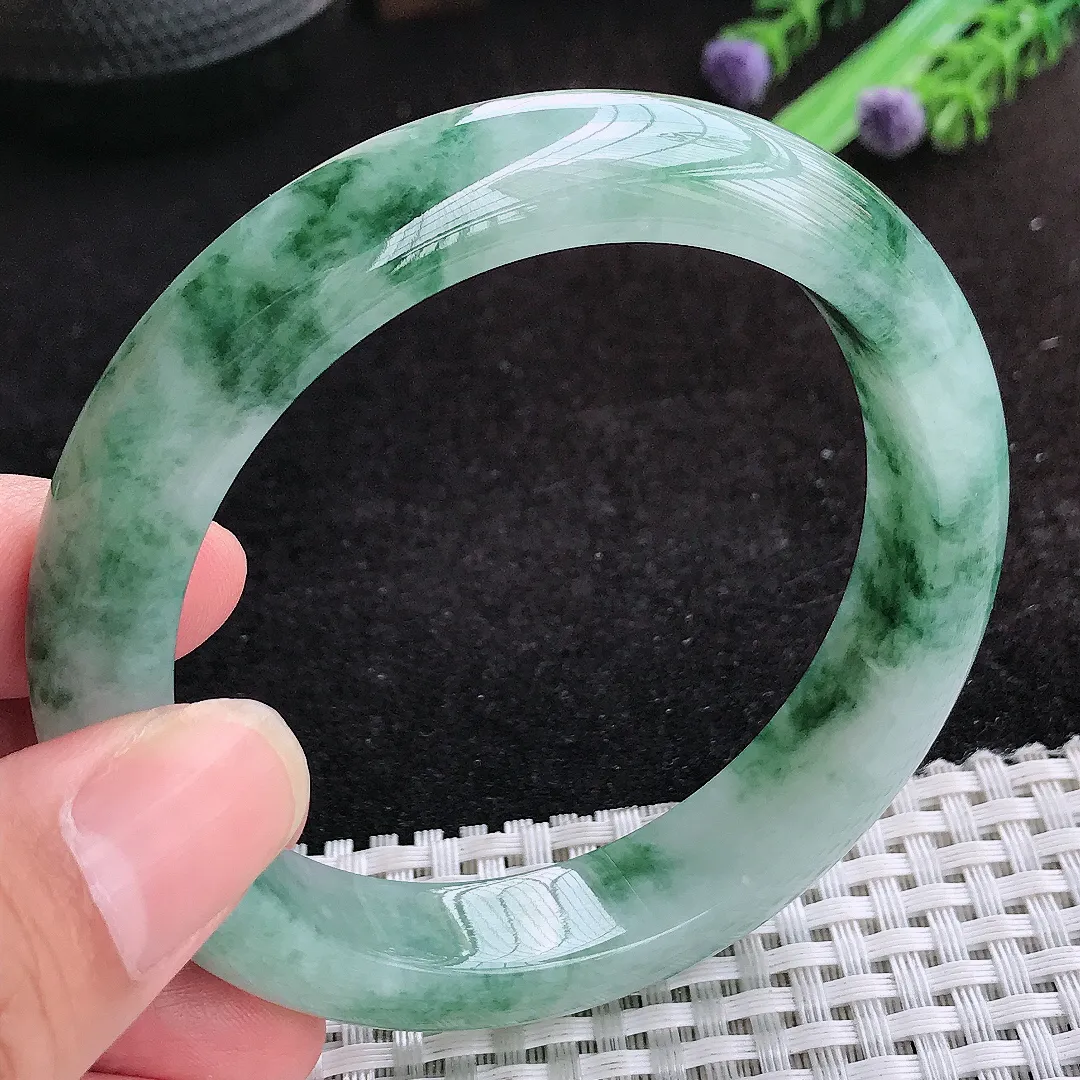 自然光59/12.8/8.9老坑冰胶水灵飘花宽边手镯天然翡翠玉镯女款
