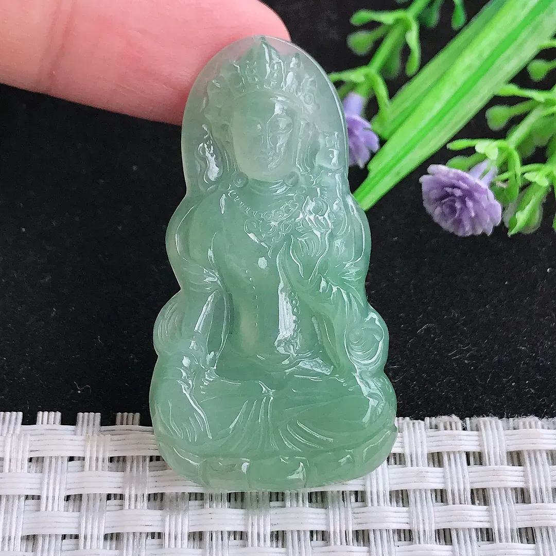 自然光46.5/25.5/5.3老坑冰胶果冻满绿渡母菩萨吊坠翡翠玉石挂件