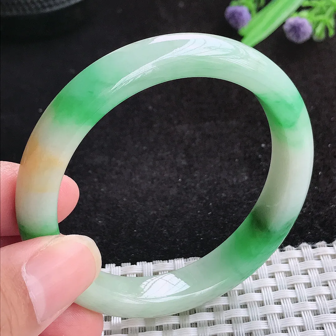 自然光54/11/7.8老坑精美冰润黄加绿三彩手镯天然翡翠玉镯女款