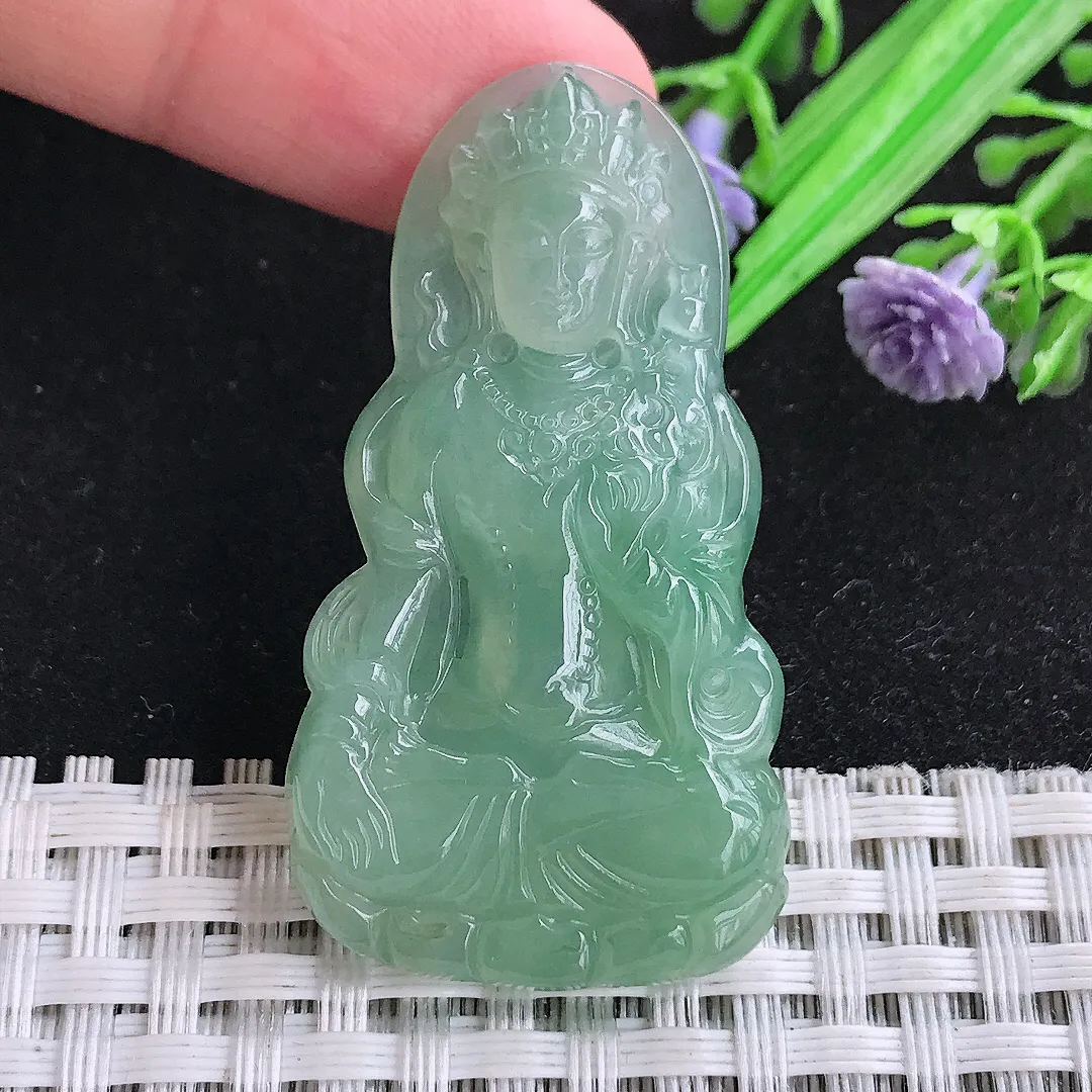 自然光46.5/25.5/5.3老坑冰胶果冻满绿渡母菩萨吊坠翡翠玉石挂件