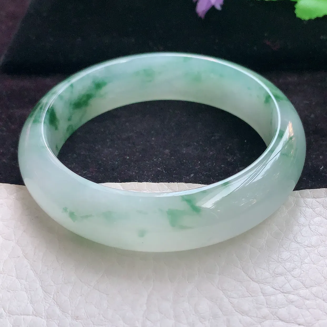 js收藏级59*15.6*8.8轮胎镯 天然缅甸翡翠手镯冰飘花起光宽边玉手镯 玉手环