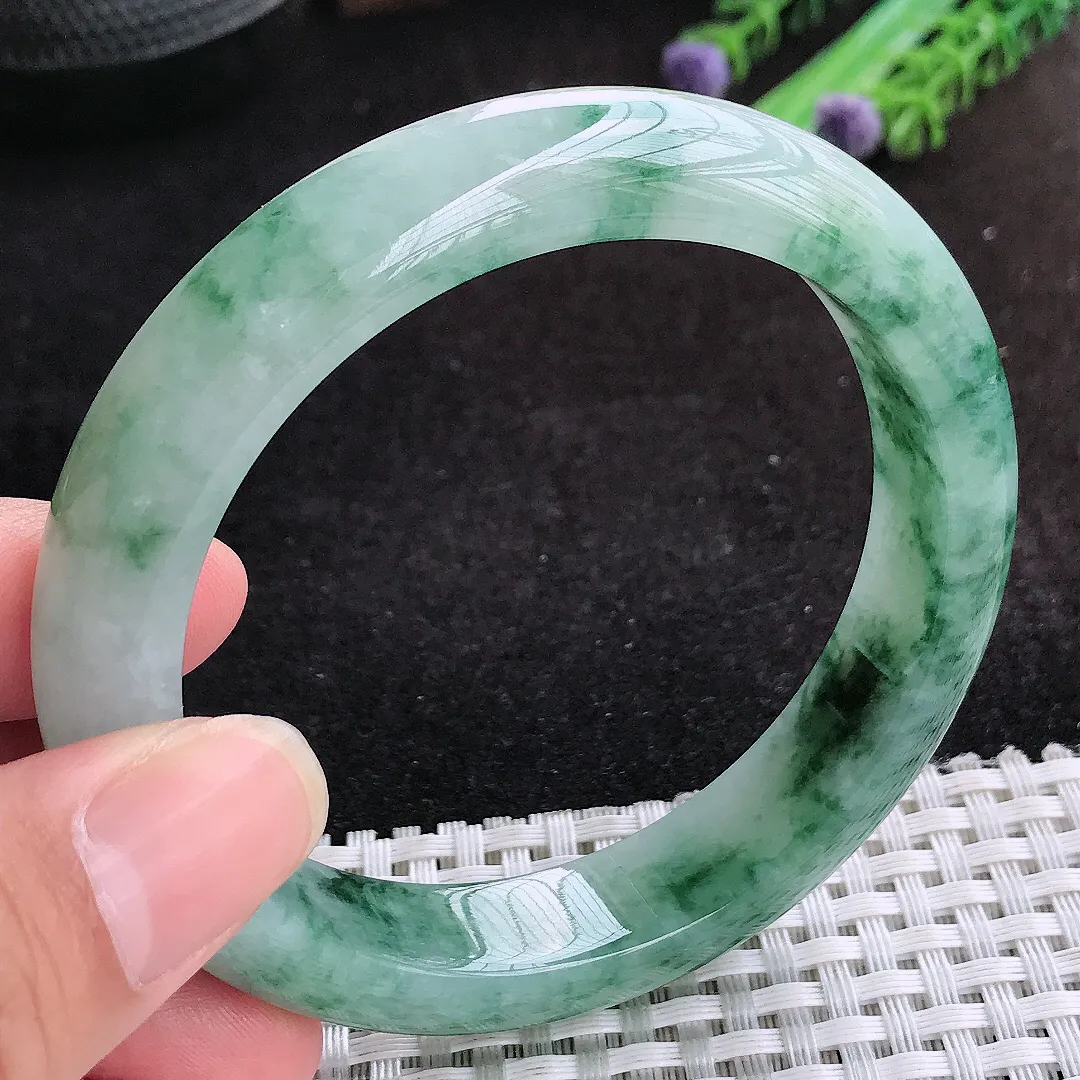 自然光59/12.8/8.9老坑冰胶水灵飘花宽边手镯天然翡翠玉镯女款