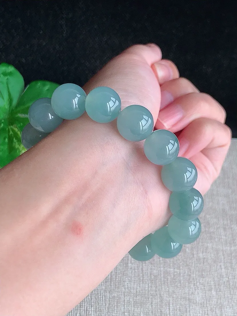 a货翡翠老坑冰种晴水圆珠佛珠手串16颗 尺寸12.5mm 重量59.06g 0827