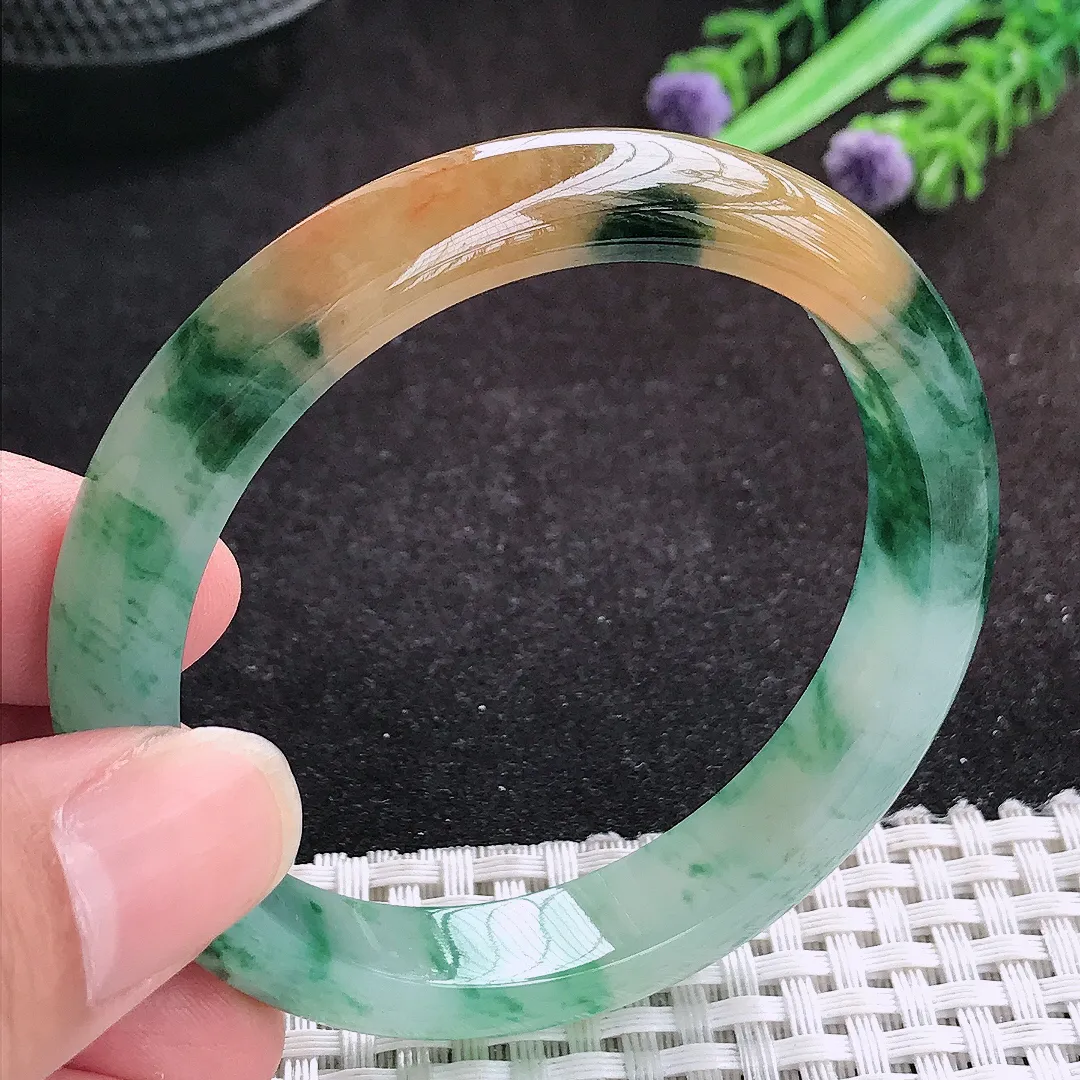自然光54/10.4/7.3老坑精美冰胶福禄寿三彩手镯天然翡翠玉镯女款