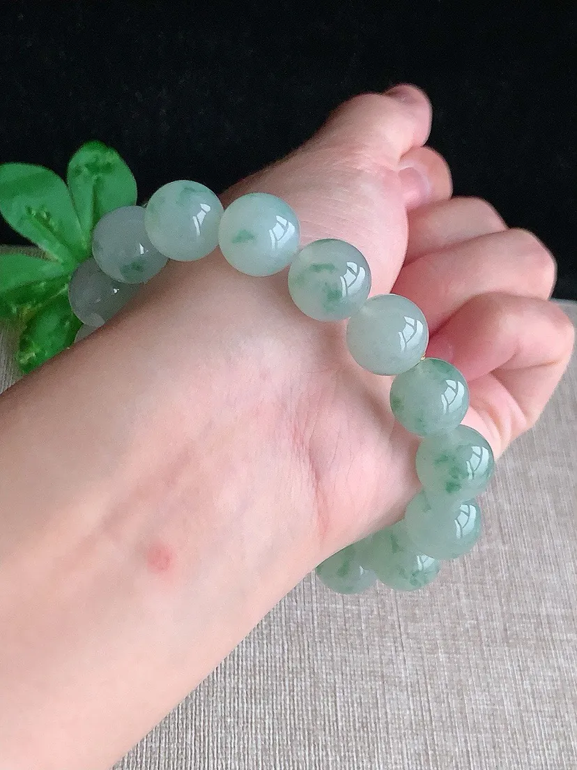 a货翡翠老坑冰种飘花圆珠佛珠手串16颗 尺寸12.3mm 重量57.63g 0827