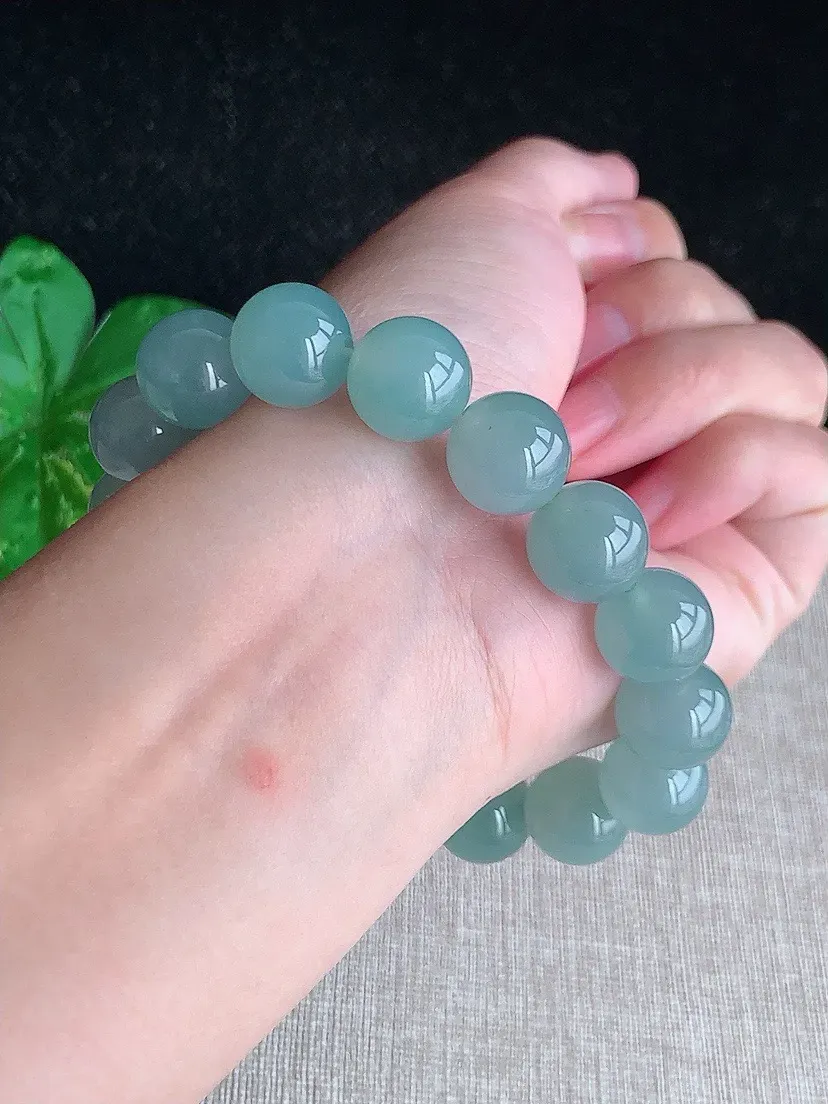 a货翡翠老坑冰种晴水圆珠佛珠手串16颗 尺寸12.5mm 重量59.06g 0827