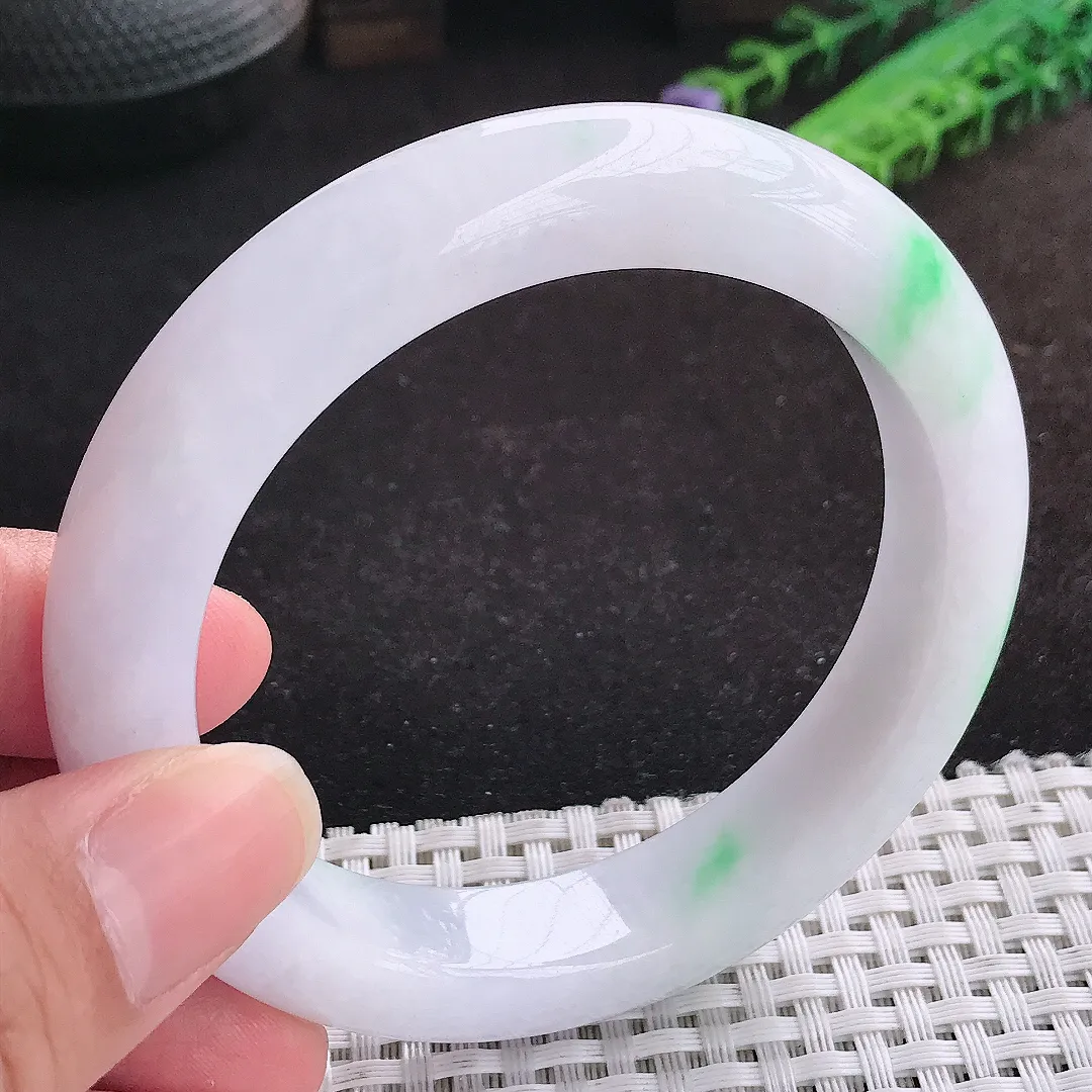 自然光58.5/12.5/9.3老坑精美冰润白底青飘阳绿手镯天然翡翠玉镯女款