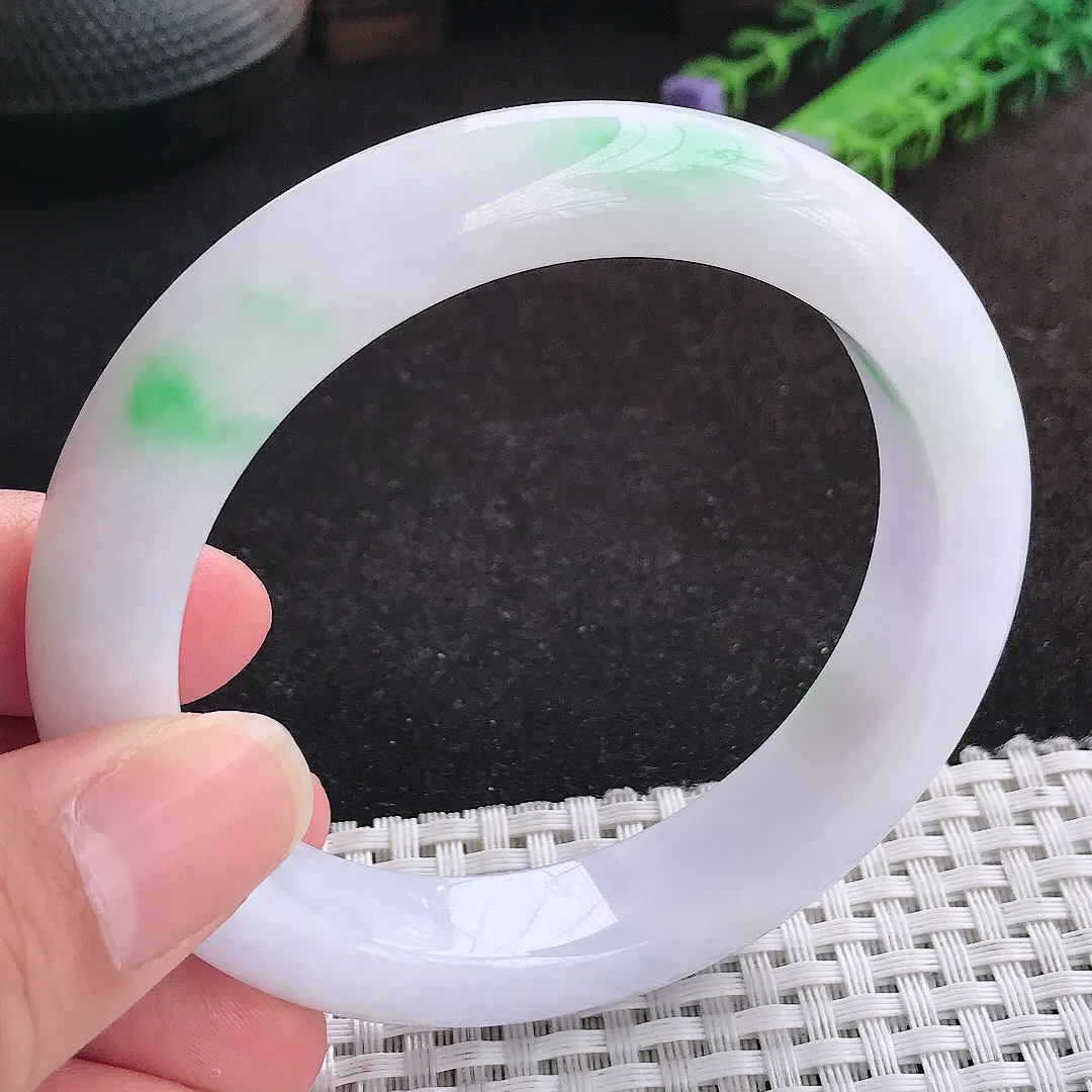 自然光58.5/12.5/9.3老坑精美冰润白底青飘阳绿手镯天然翡翠玉镯女款