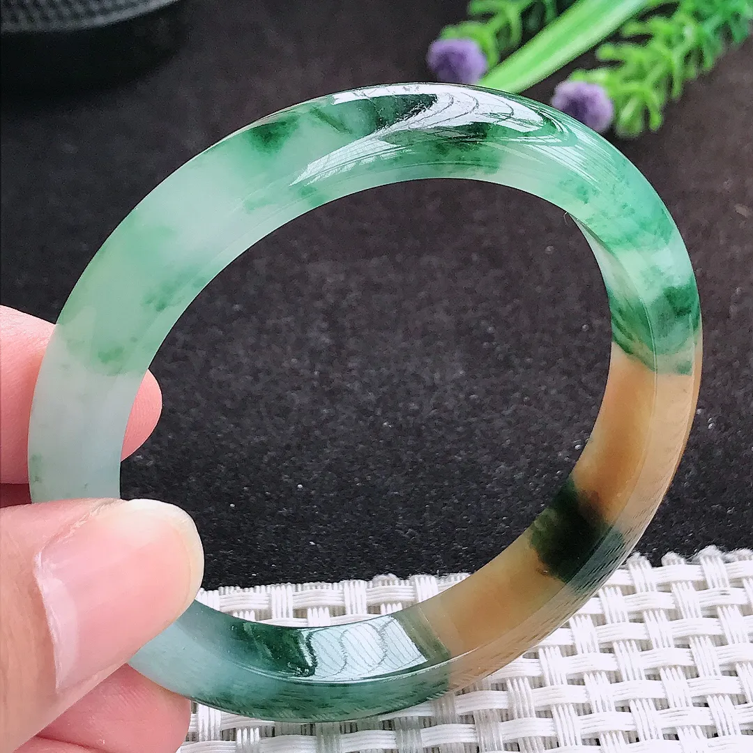 自然光54/10.4/7.3老坑精美冰胶福禄寿三彩手镯天然翡翠玉镯女款