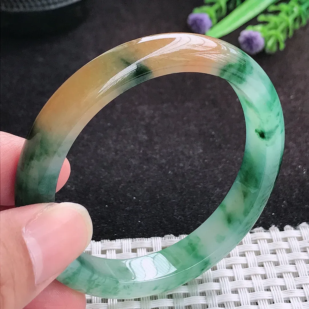 自然光54/10.4/7.3老坑精美冰胶福禄寿三彩手镯天然翡翠玉镯女款