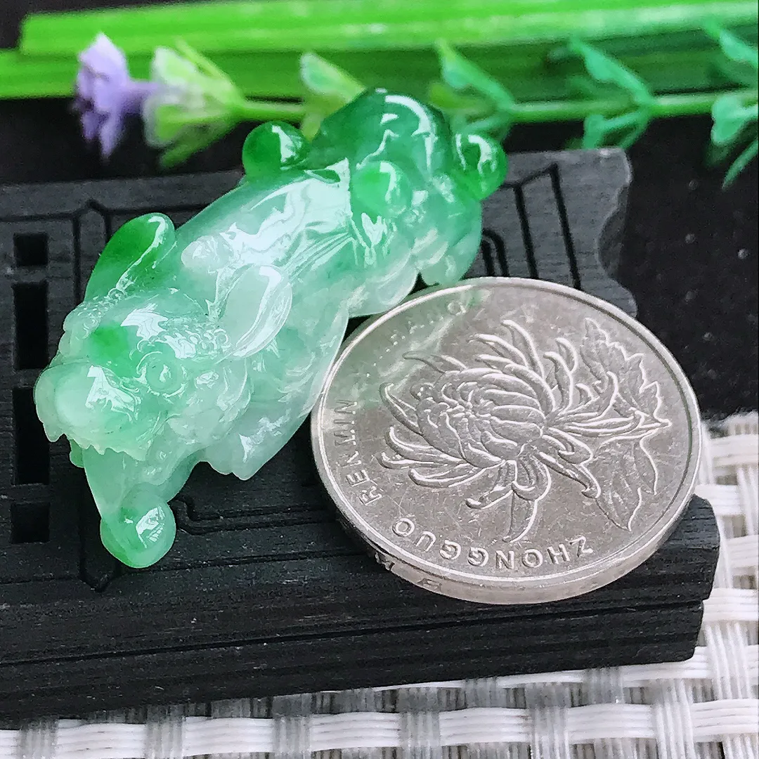 自然光37.3/13/15.5老坑冰胶果冻飘阳绿貔貅吊坠翡翠玉石挂件
