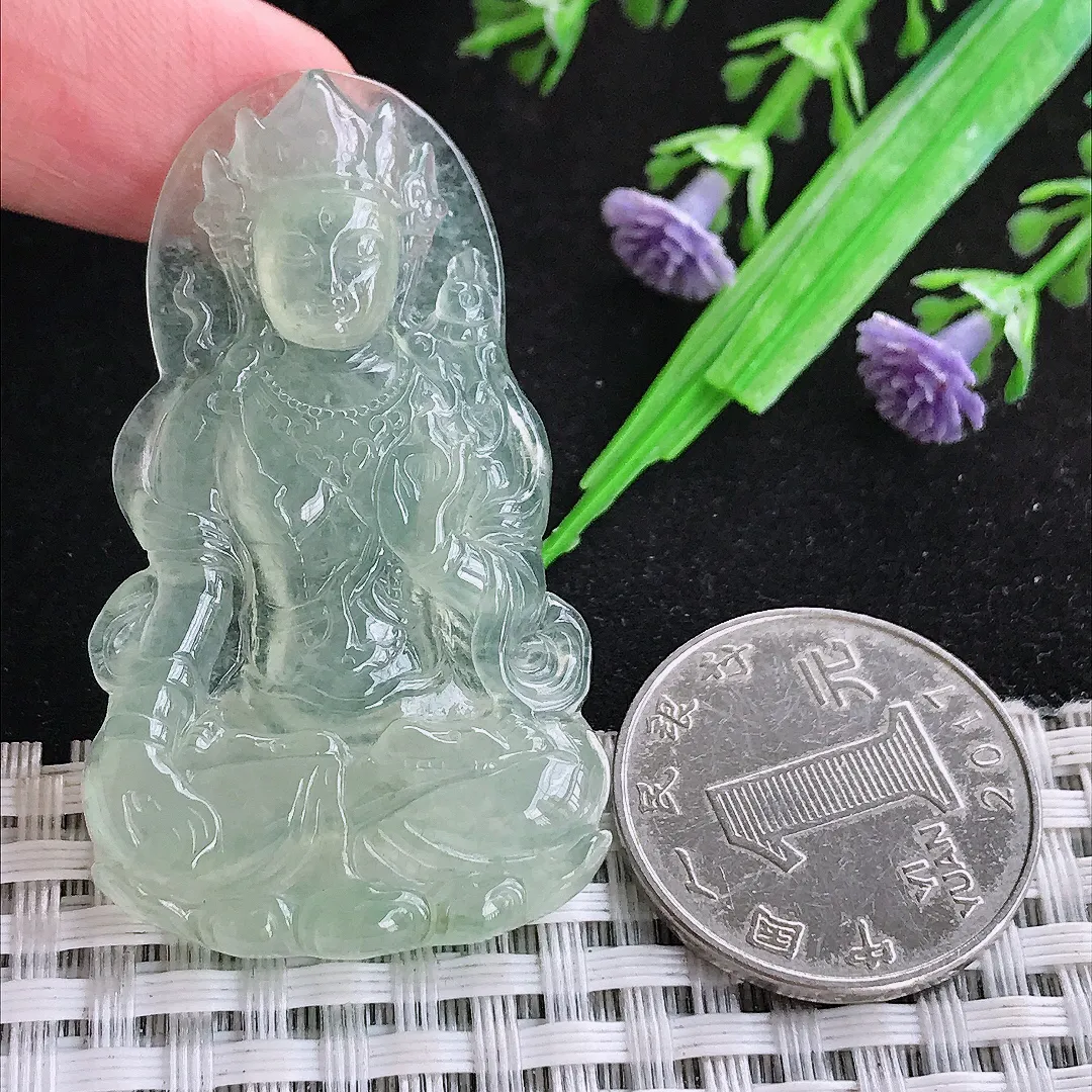 自然光49.7/29.2/5.2老坑冰种果冻胶冰晴满绿渡母菩萨吊坠翡翠玉石挂件