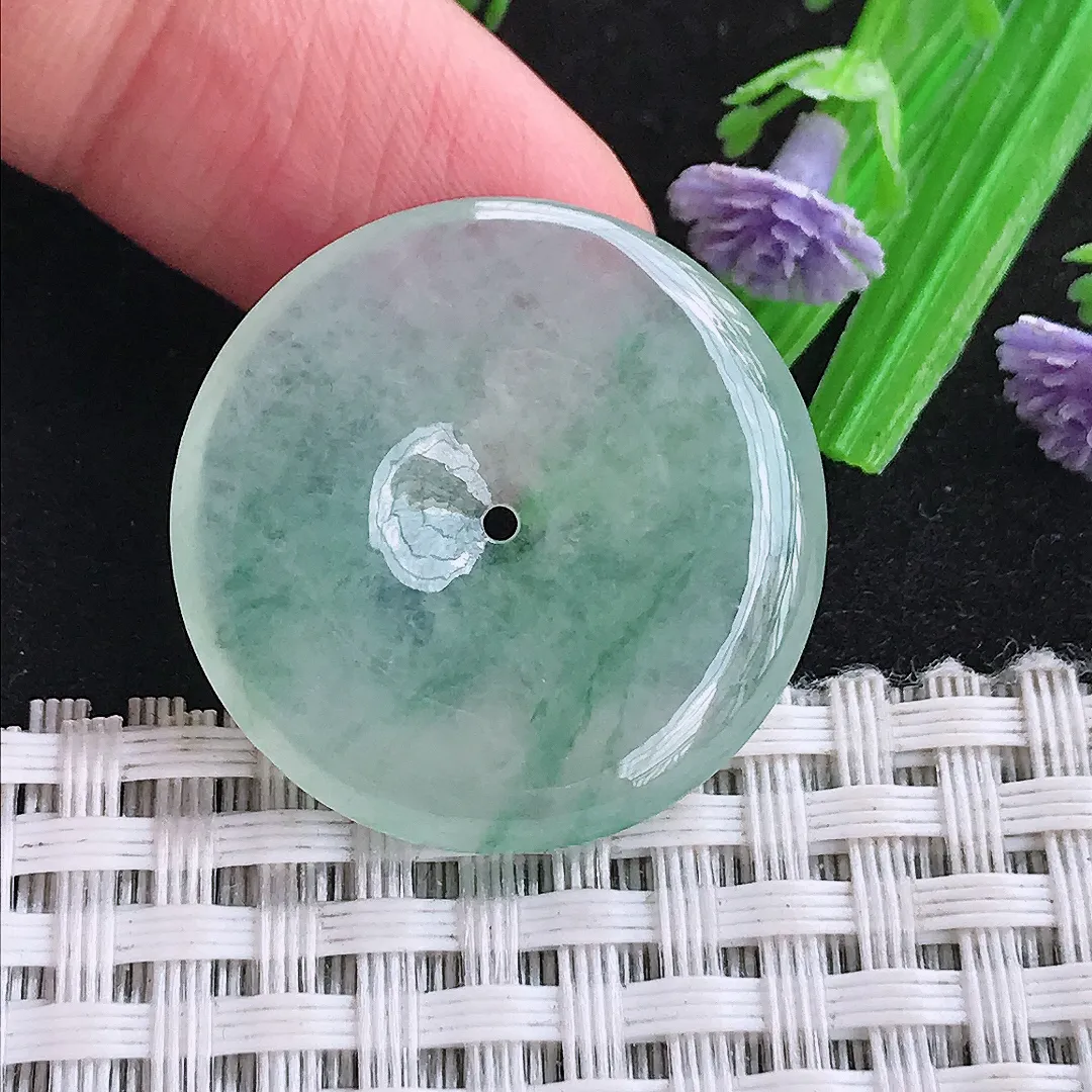 自然光27.6/4.6老坑冰种起胶冰晴飘花平安扣吊坠翡翠玉石挂件