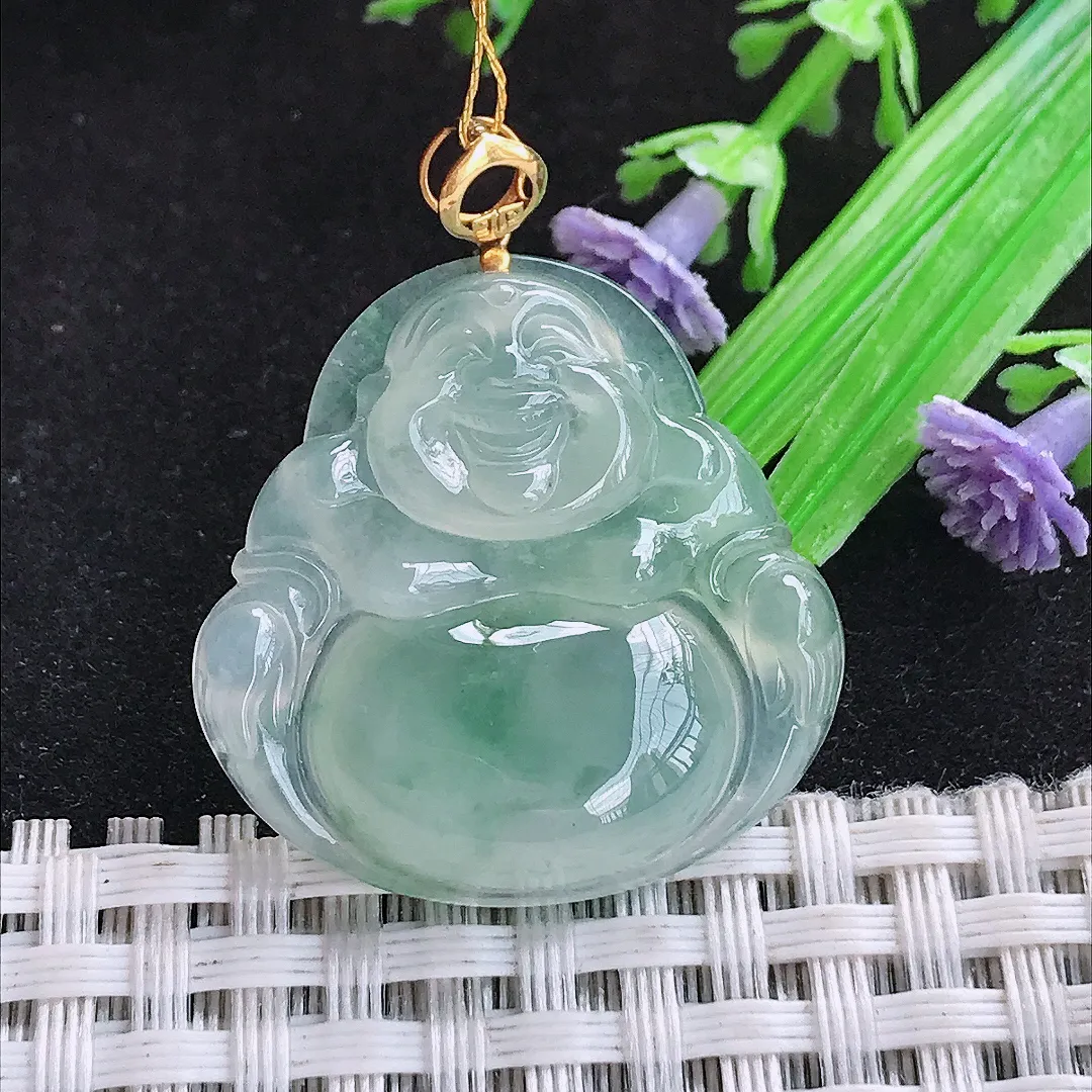 自然光29/28.8/6.2老坑18k金镶嵌冰种飘花佛公吊坠翡翠玉石挂件