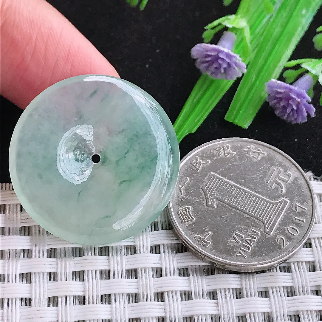 自然光27.6/4.6老坑冰种起胶冰晴飘花平安扣吊坠翡翠玉石挂件