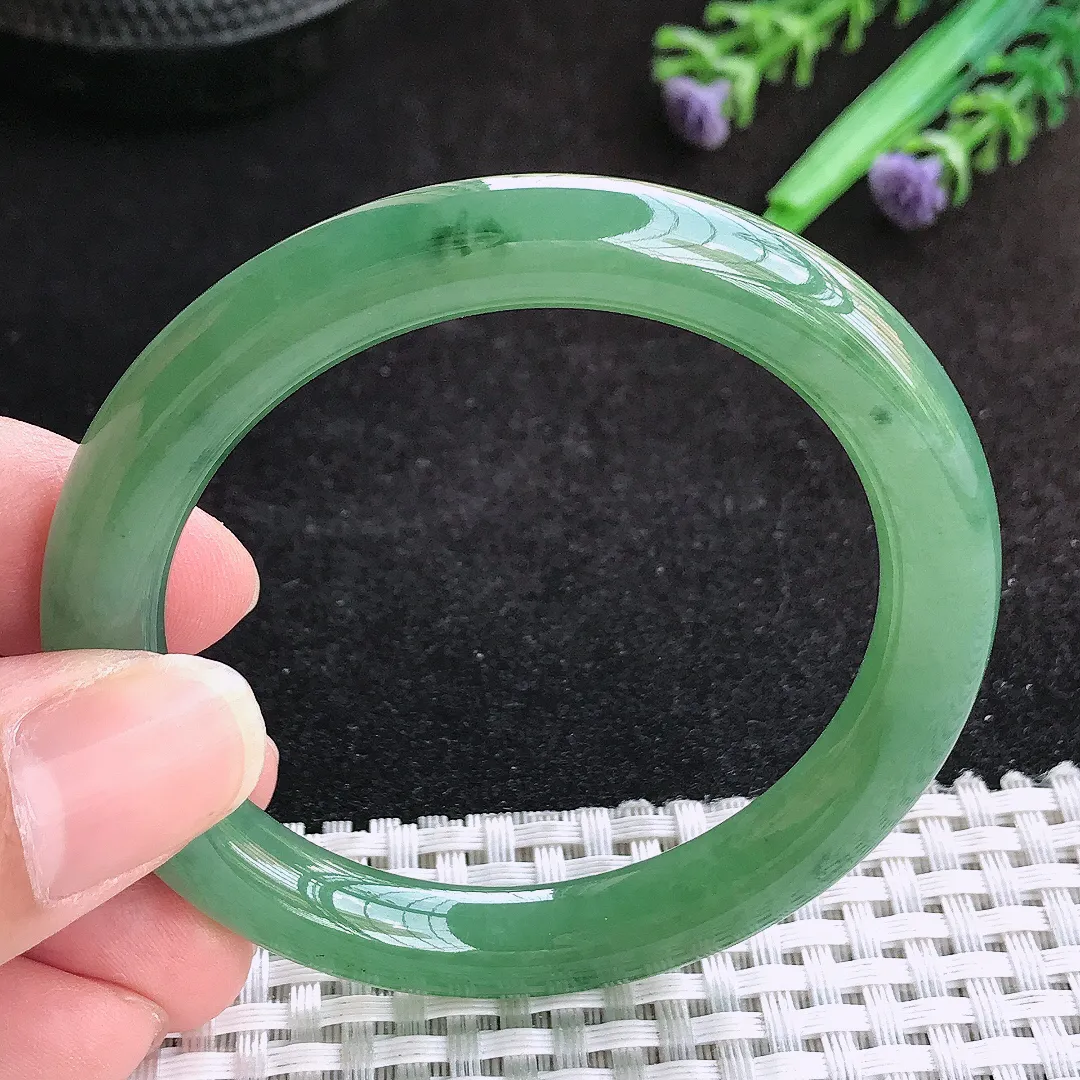 自然光51.5/8.8老坑冰胶果冻满绿小圈口圆条手镯天然翡翠玉镯女款