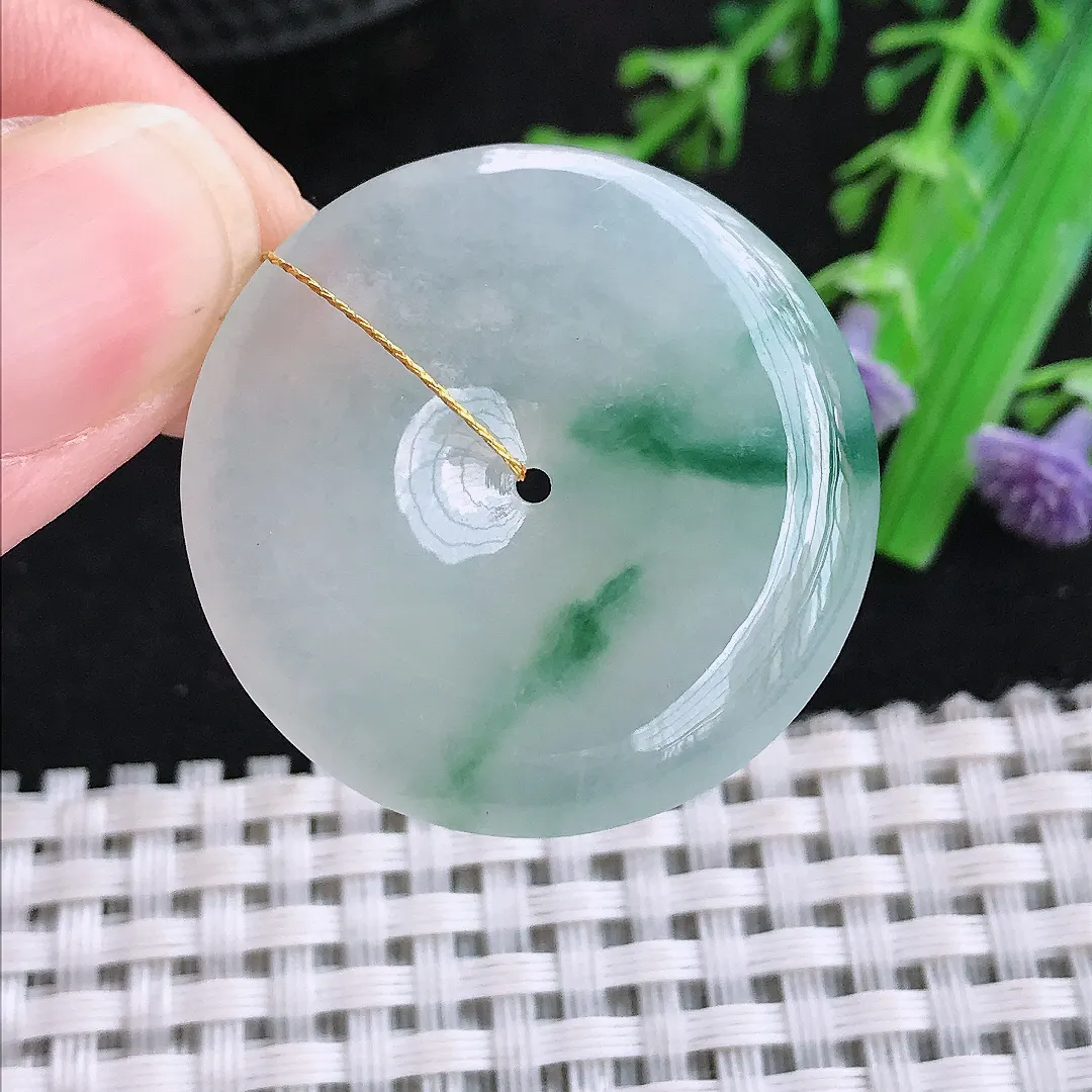 自然光31.6/6.3老坑冰胶水灵飘花平安扣吊坠翡翠玉石挂件