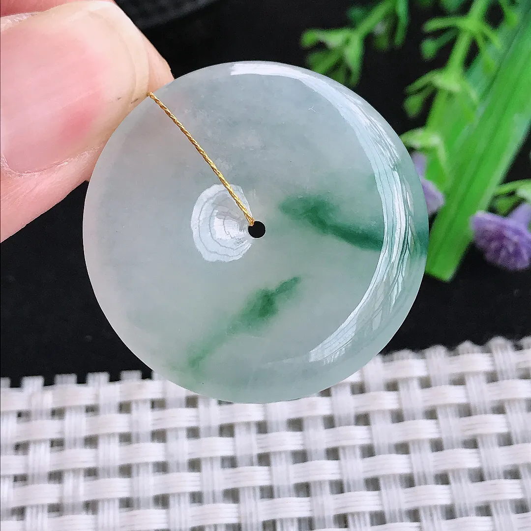 自然光31.6/6.3老坑冰胶水灵飘花平安扣吊坠翡翠玉石挂件