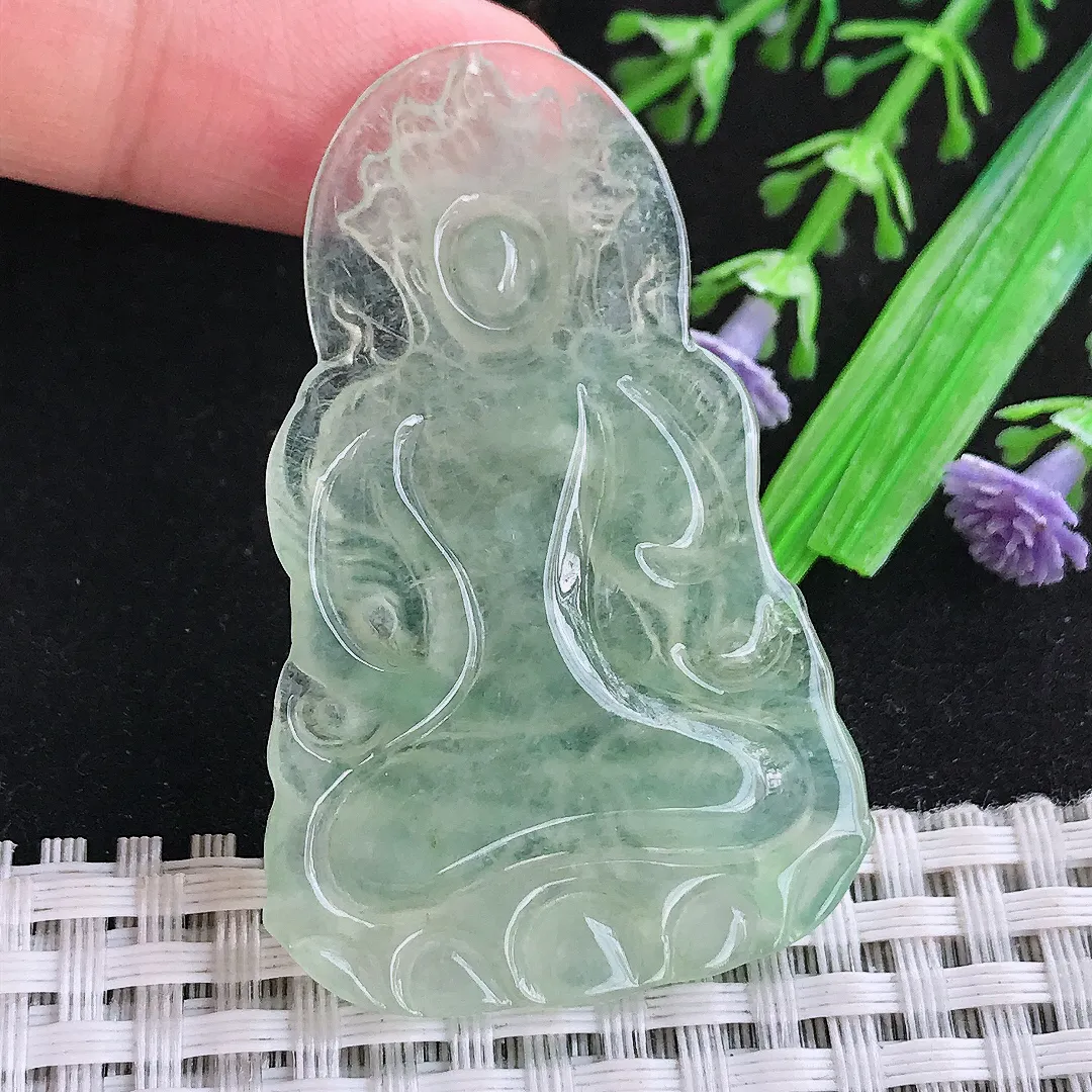 自然光52/33.6/4.2老坑冰种起胶满绿渡母菩萨吊坠翡翠玉石挂件