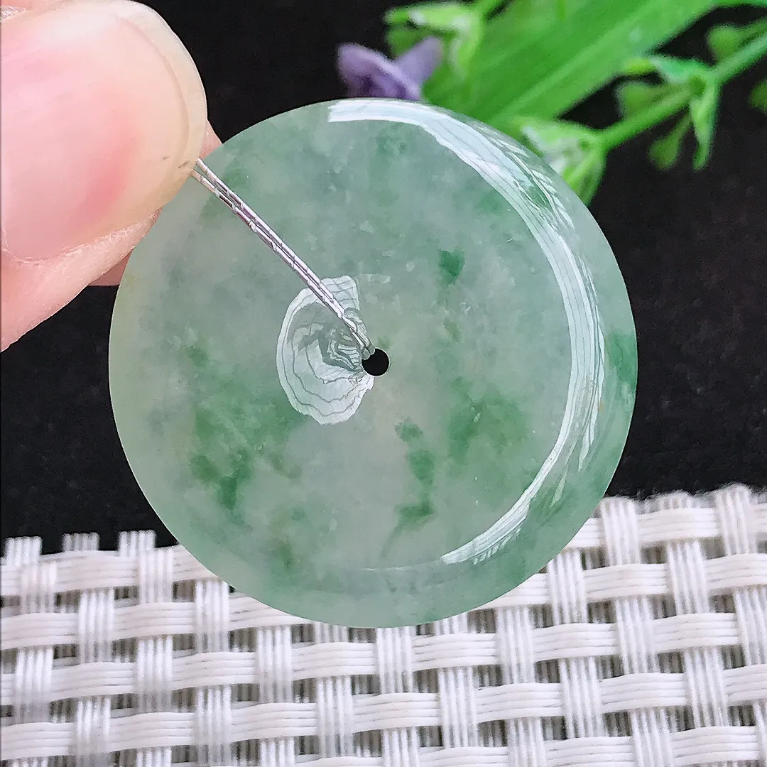 自然光31.5/5.7老坑冰胶果冻冰飘花平安扣吊坠翡翠玉石挂件