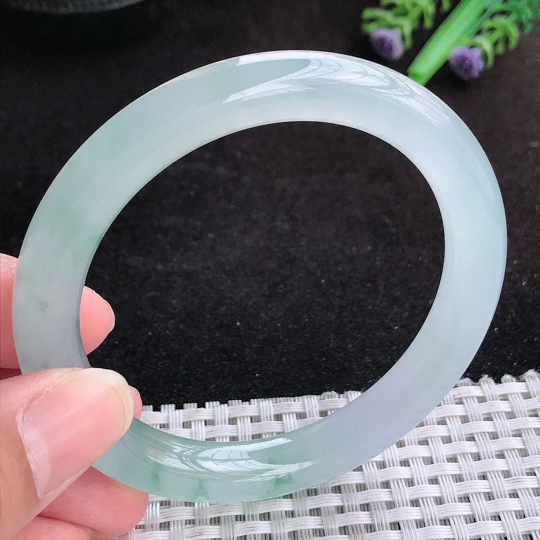 自然光57.8/9.8/9.5老坑冰透果冻胶冰飘花圆条手镯天然翡翠玉镯女款