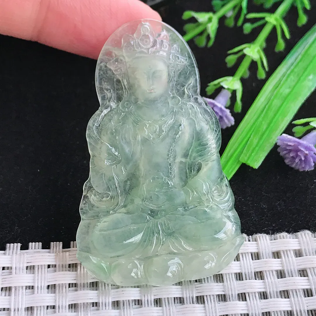 自然光52/33.6/4.2老坑冰种起胶满绿渡母菩萨吊坠翡翠玉石挂件