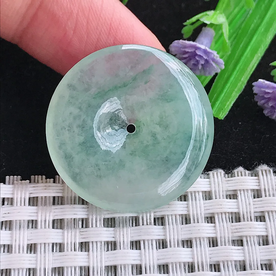 自然光27.6/4.6老坑冰种起胶冰晴飘花平安扣吊坠翡翠玉石挂件