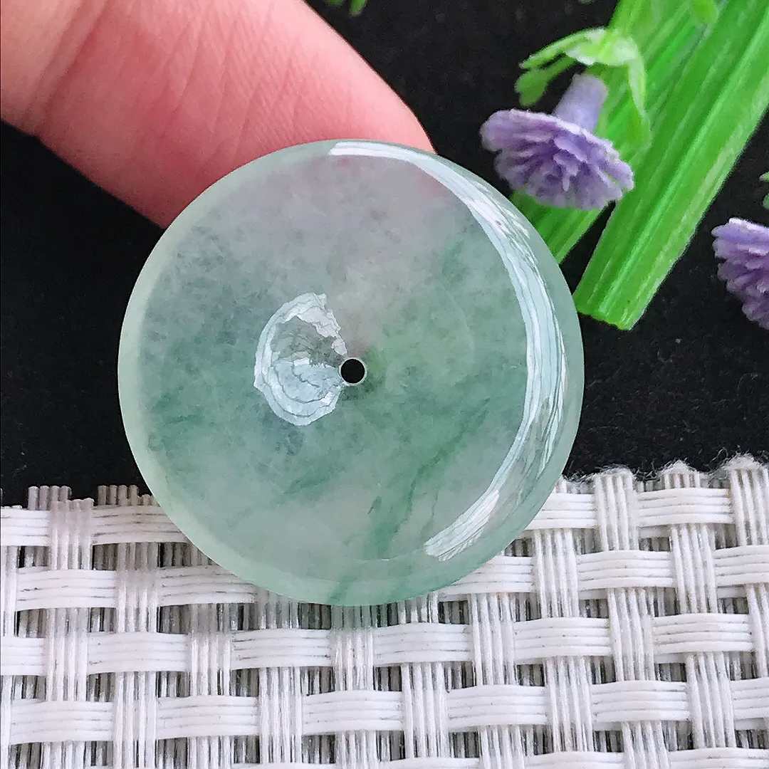 自然光27.6/4.6老坑冰种起胶冰晴飘花平安扣吊坠翡翠玉石挂件