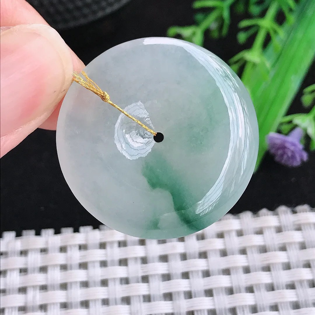自然光31.6/6.3老坑冰胶水灵飘花平安扣吊坠翡翠玉石挂件