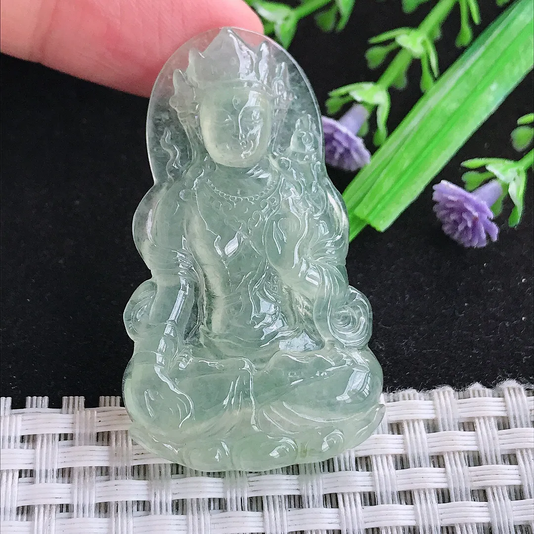 自然光49.7/29.2/5.2老坑冰种果冻胶冰晴满绿渡母菩萨吊坠翡翠玉石挂件