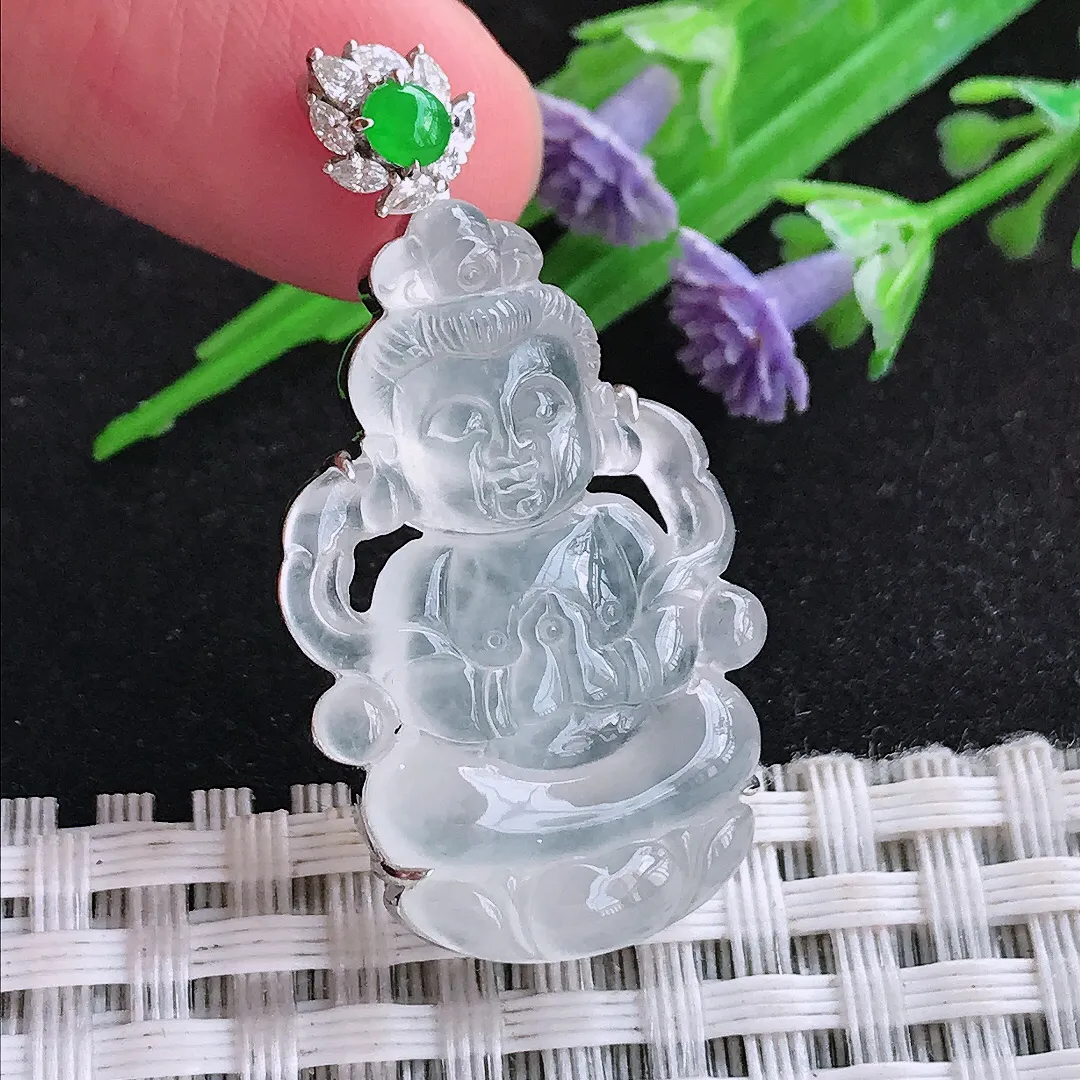 自然光39/19.5/7.5老坑18k金镶嵌冰种起光观音菩萨吊坠翡翠玉石挂件