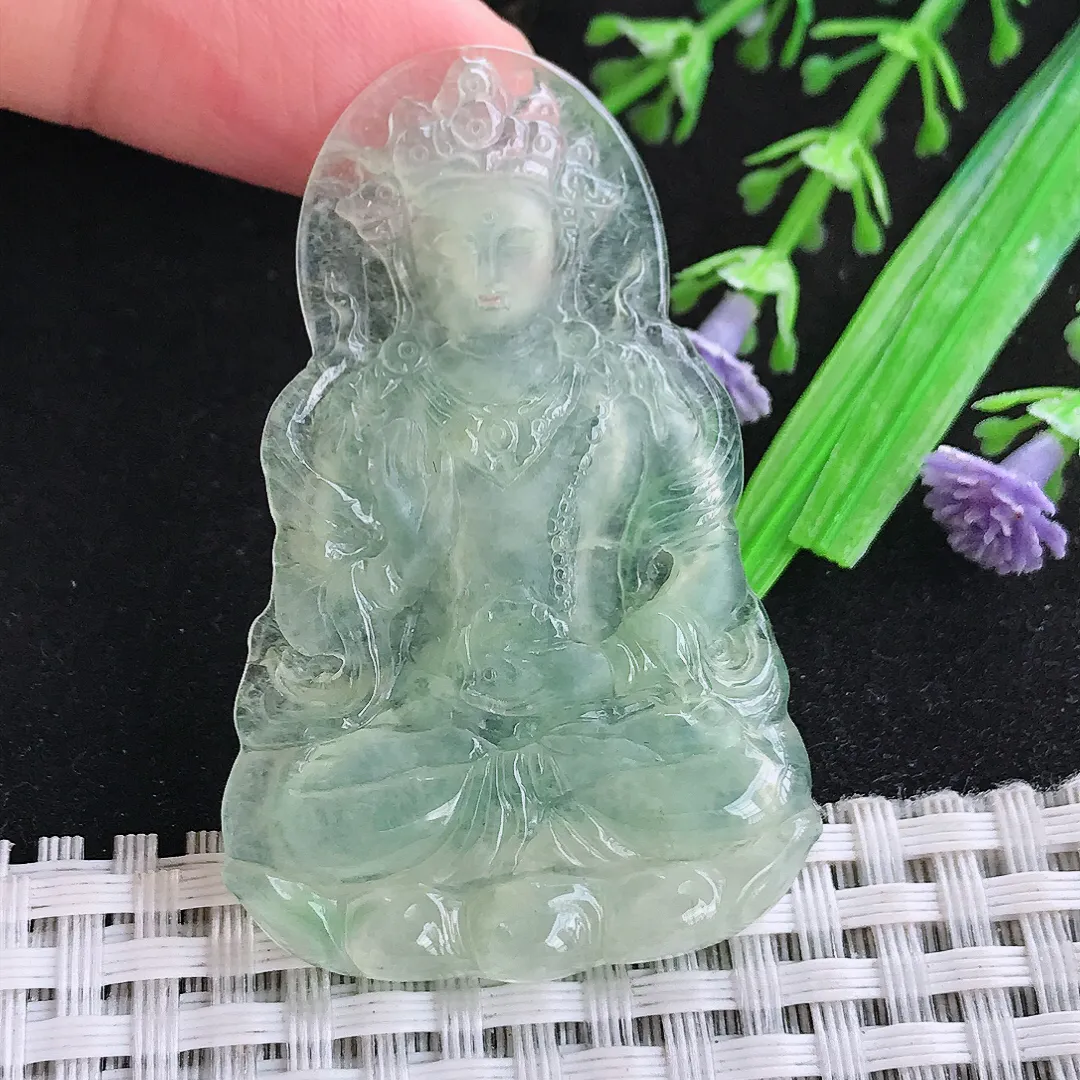 自然光52/33.6/4.2老坑冰种起胶满绿渡母菩萨吊坠翡翠玉石挂件