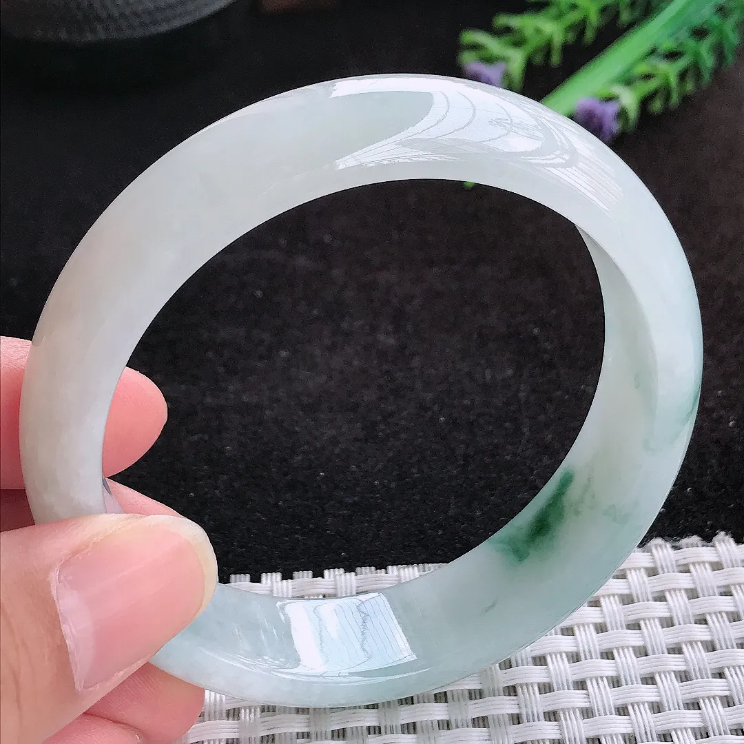 自然光59.5/15.7/8老坑冰胶水灵飘花宽边手镯天然翡翠玉镯女款