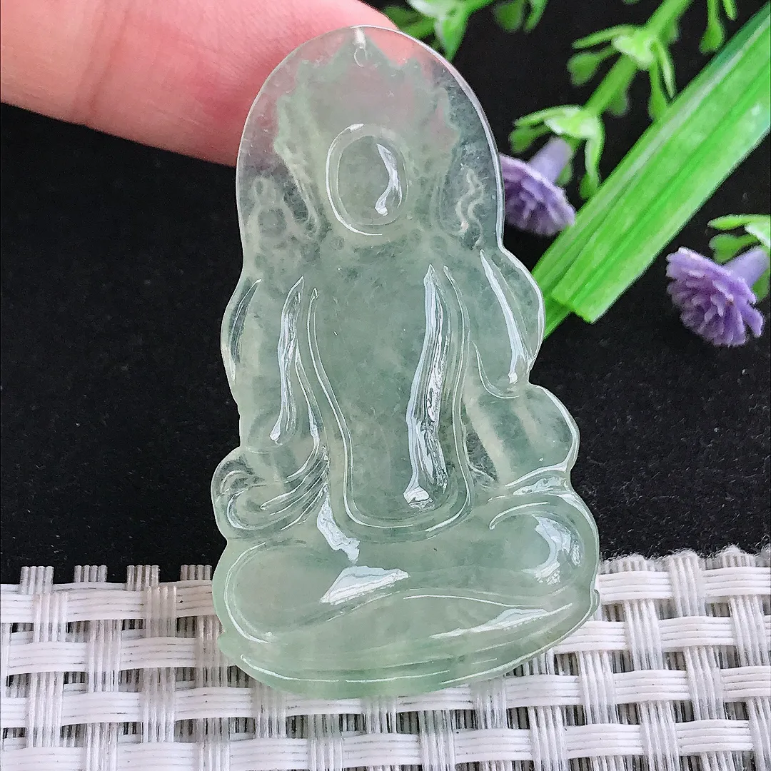 自然光49.7/29.2/5.2老坑冰种果冻胶冰晴满绿渡母菩萨吊坠翡翠玉石挂件