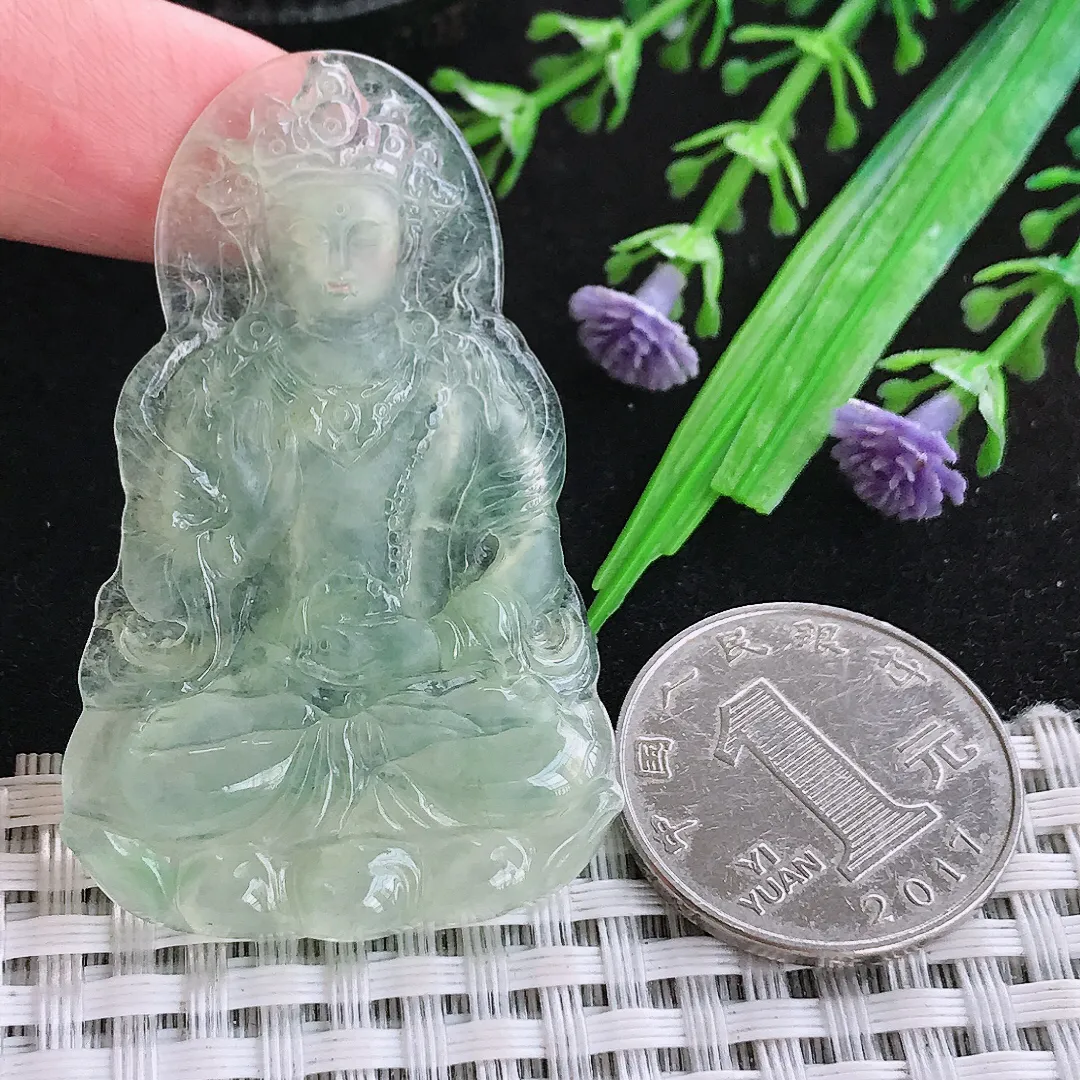 自然光52/33.6/4.2老坑冰种起胶满绿渡母菩萨吊坠翡翠玉石挂件