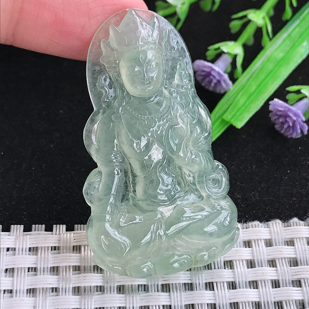 自然光49.7/29.2/5.2老坑冰种果冻胶冰晴满绿渡母菩萨吊坠翡翠玉石挂件