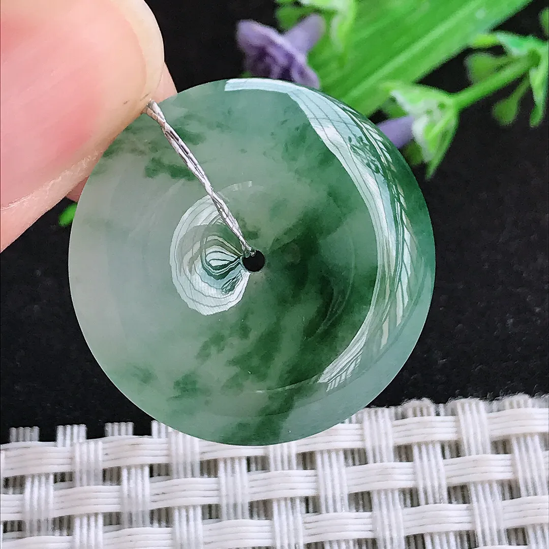自然光27.5/5.8老坑冰胶果冻胶飘花平安扣吊坠翡翠玉石挂件