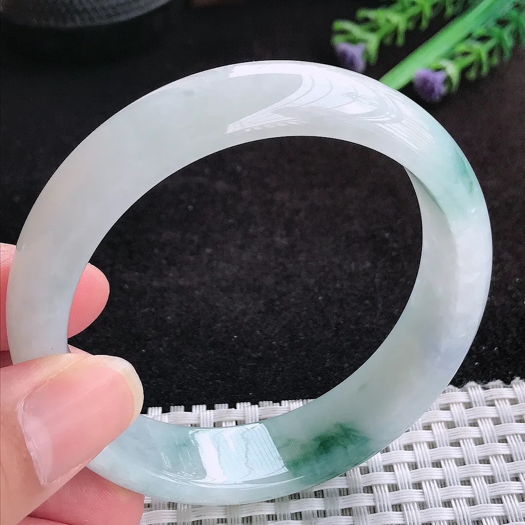 自然光59.5/15.7/8老坑冰胶水灵飘花宽边手镯天然翡翠玉镯女款