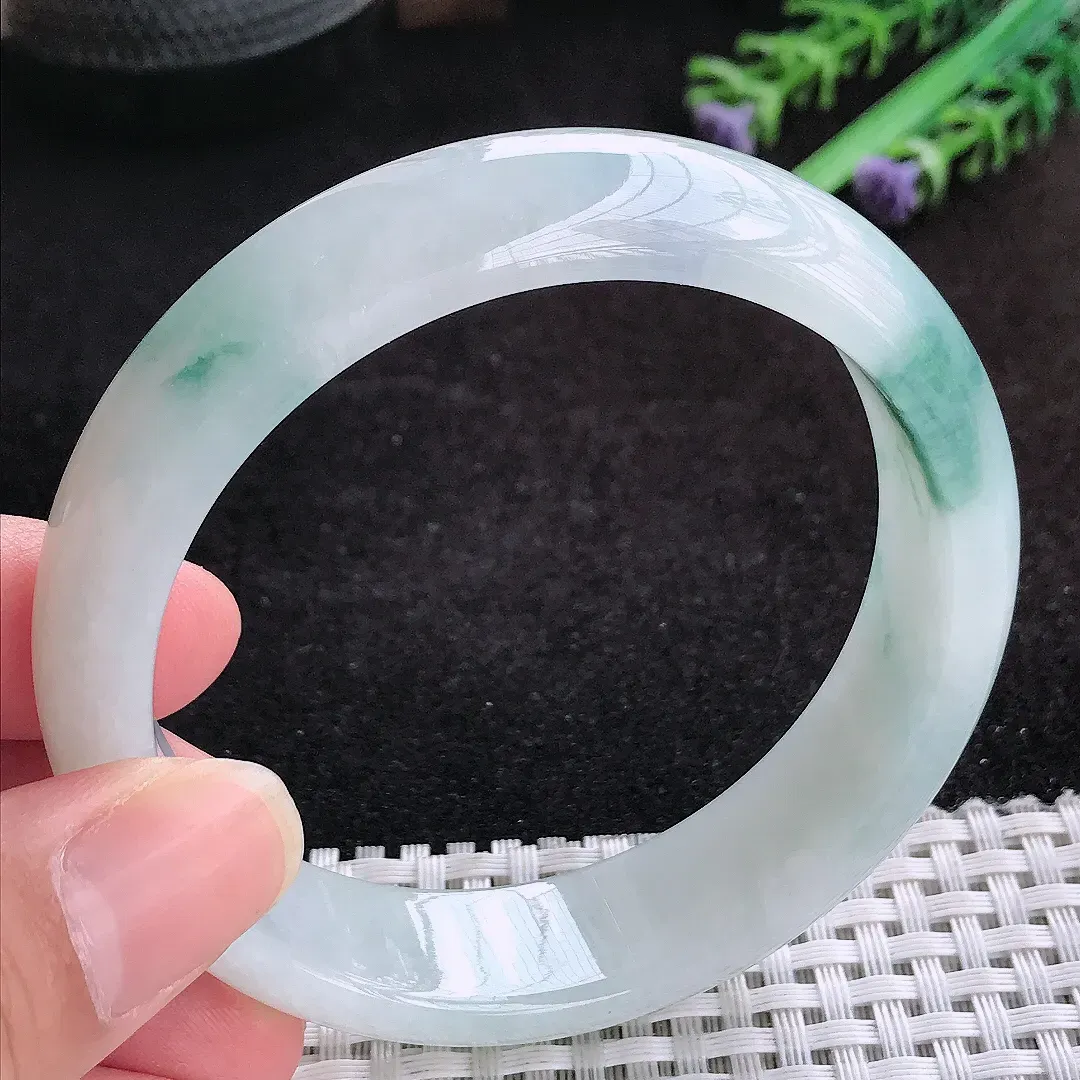 自然光59.5/15.7/8老坑冰胶水灵飘花宽边手镯天然翡翠玉镯女款
