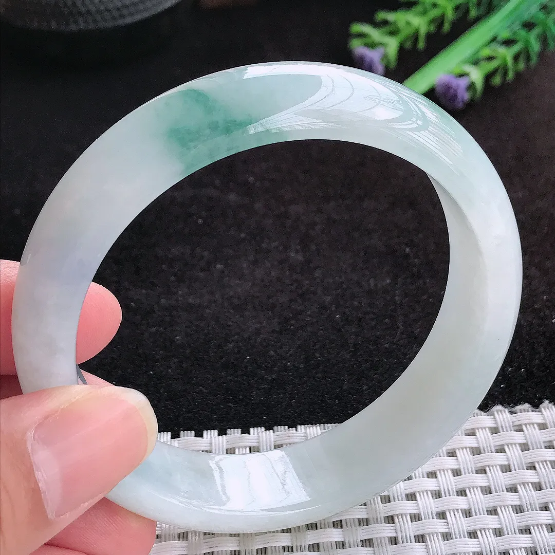自然光59.5/15.7/8老坑冰胶水灵飘花宽边手镯天然翡翠玉镯女款