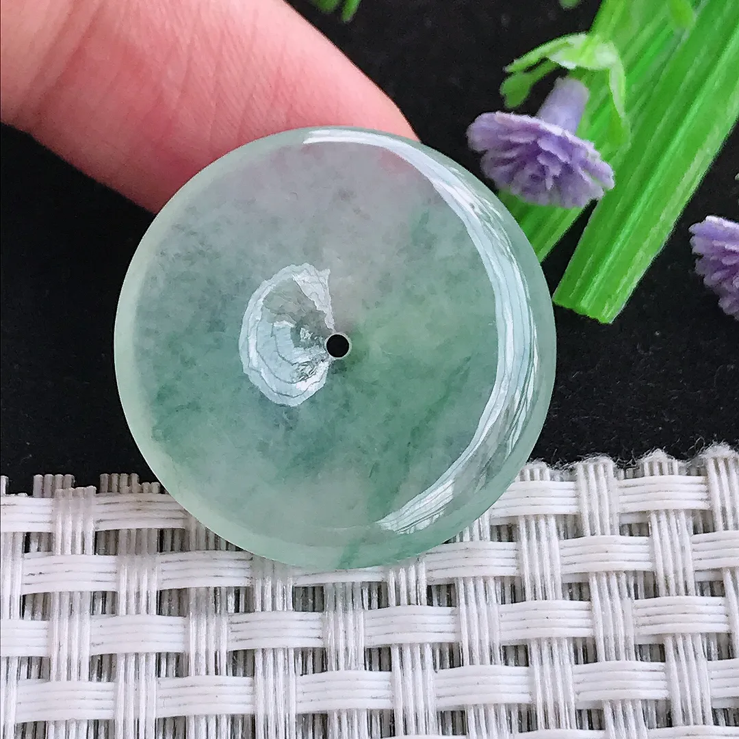 自然光27.6/4.6老坑冰种起胶冰晴飘花平安扣吊坠翡翠玉石挂件