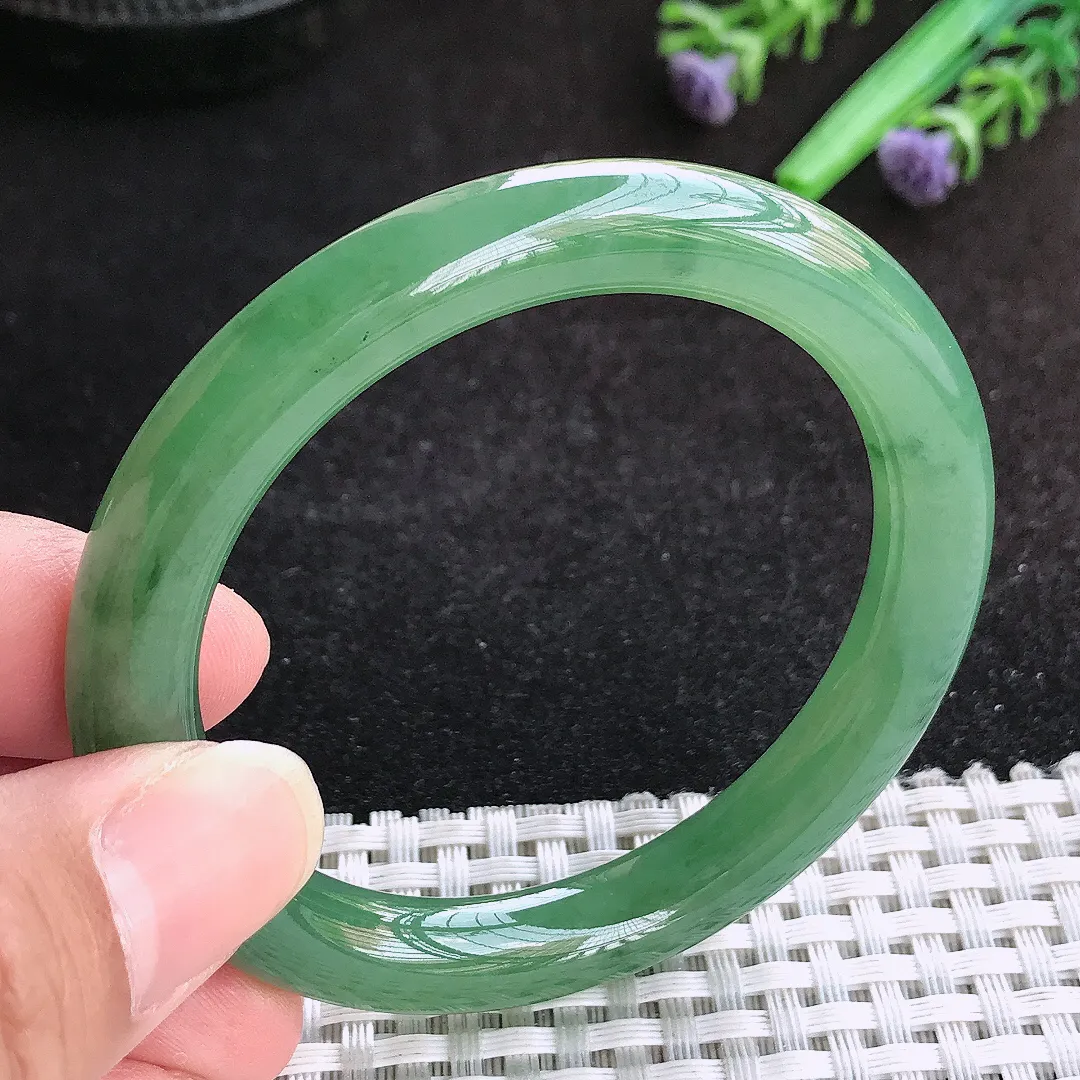 自然光51.5/8.8老坑冰胶果冻满绿小圈口圆条手镯天然翡翠玉镯女款
