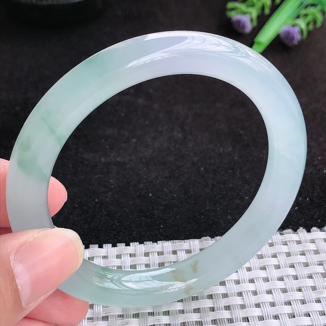 自然光57.8/9.8/9.5老坑冰透果冻胶冰飘花圆条手镯天然翡翠玉镯女款