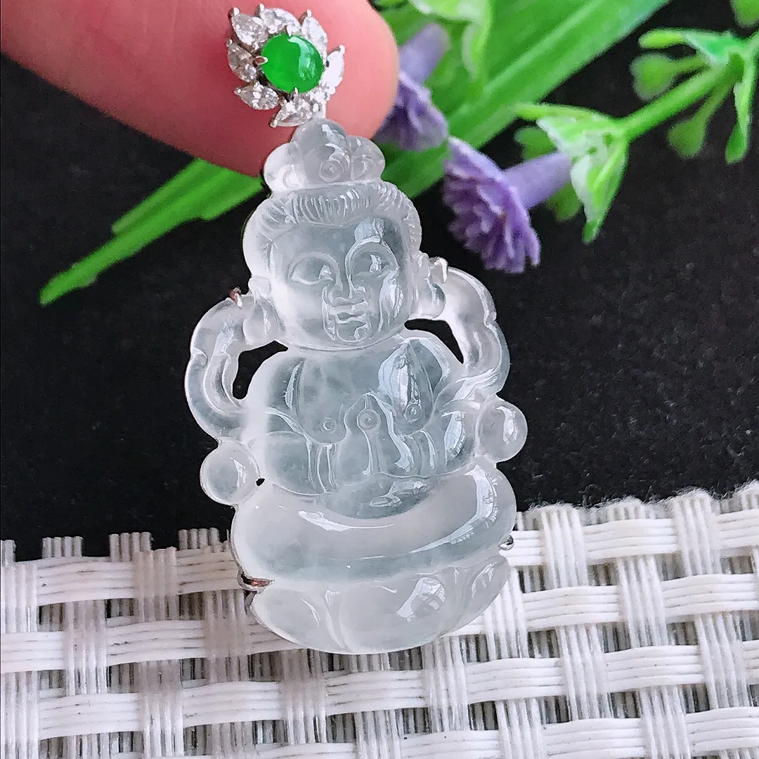 自然光39/19.5/7.5老坑18k金镶嵌冰种起光观音菩萨吊坠翡翠玉石挂件
