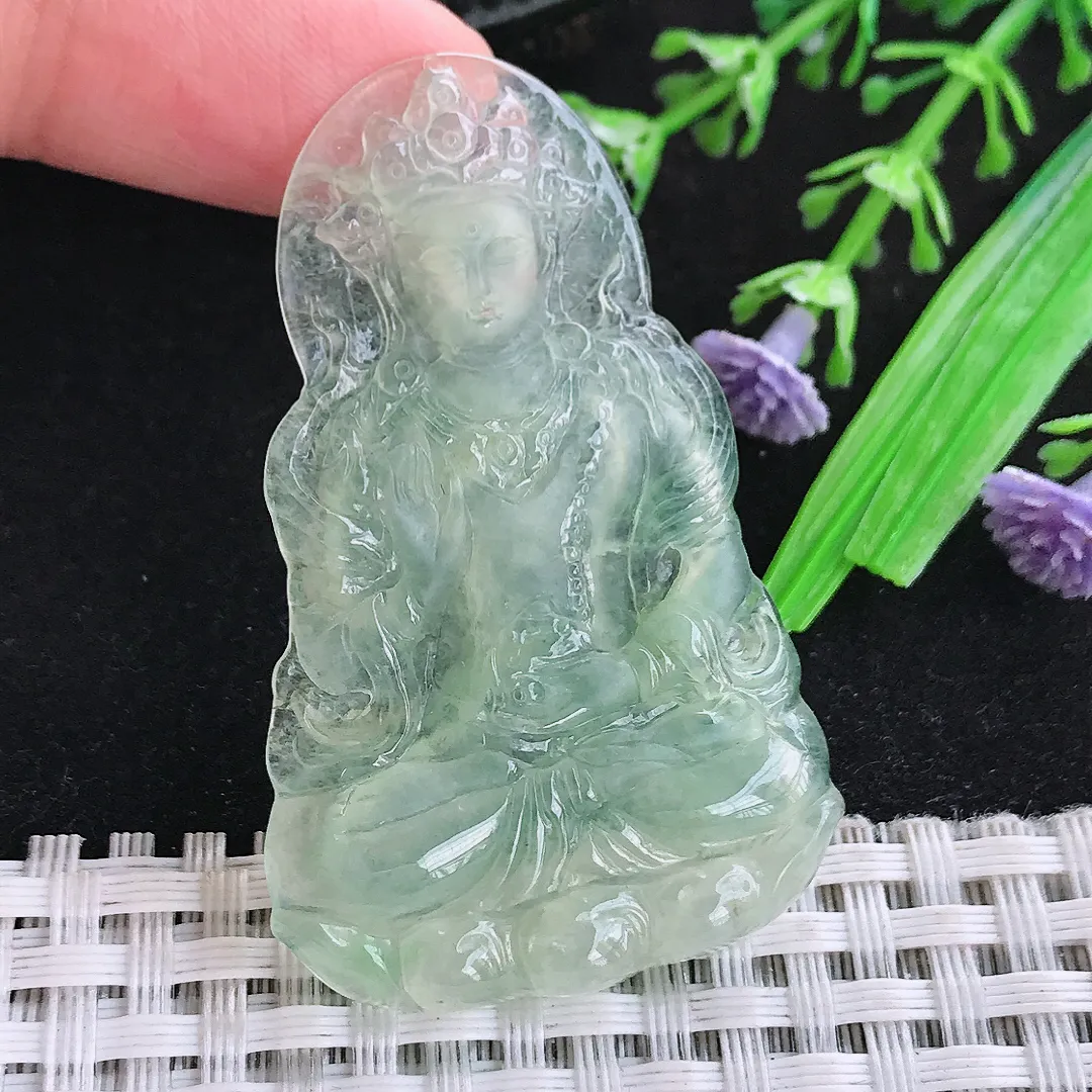 自然光52/33.6/4.2老坑冰种起胶满绿渡母菩萨吊坠翡翠玉石挂件