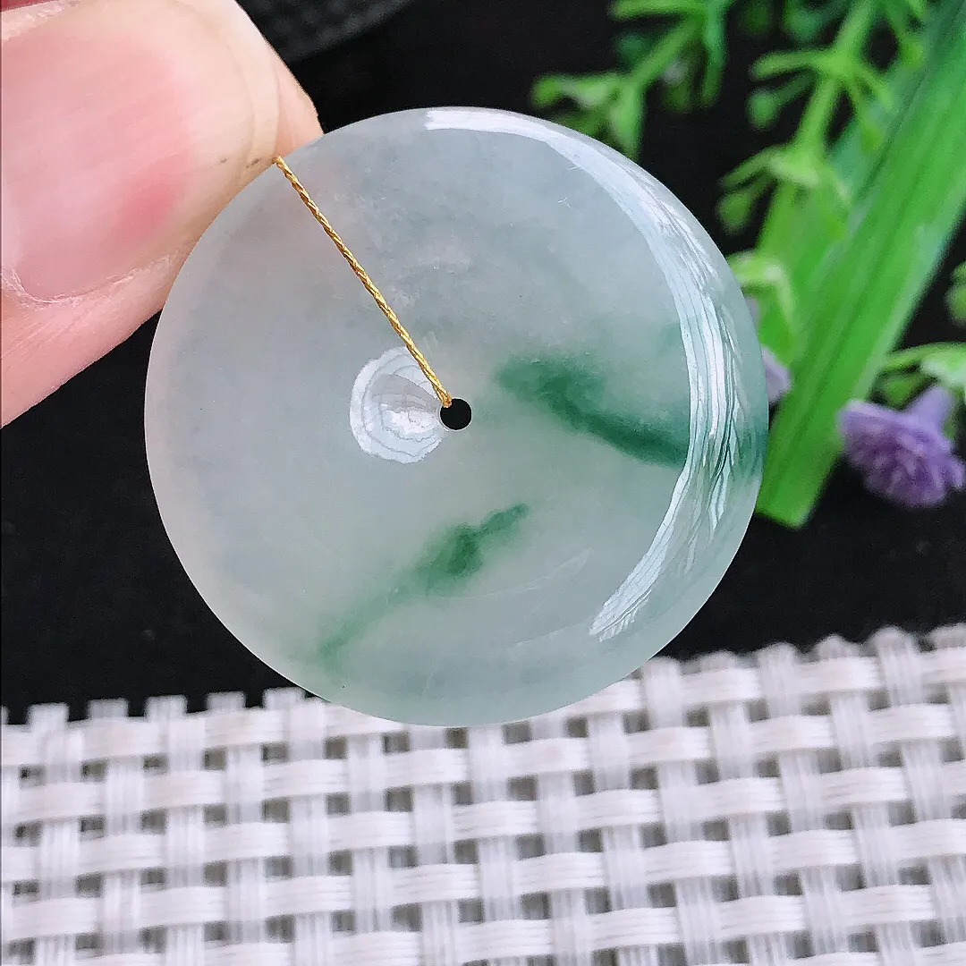 自然光31.6/6.3老坑冰胶水灵飘花平安扣吊坠翡翠玉石挂件
