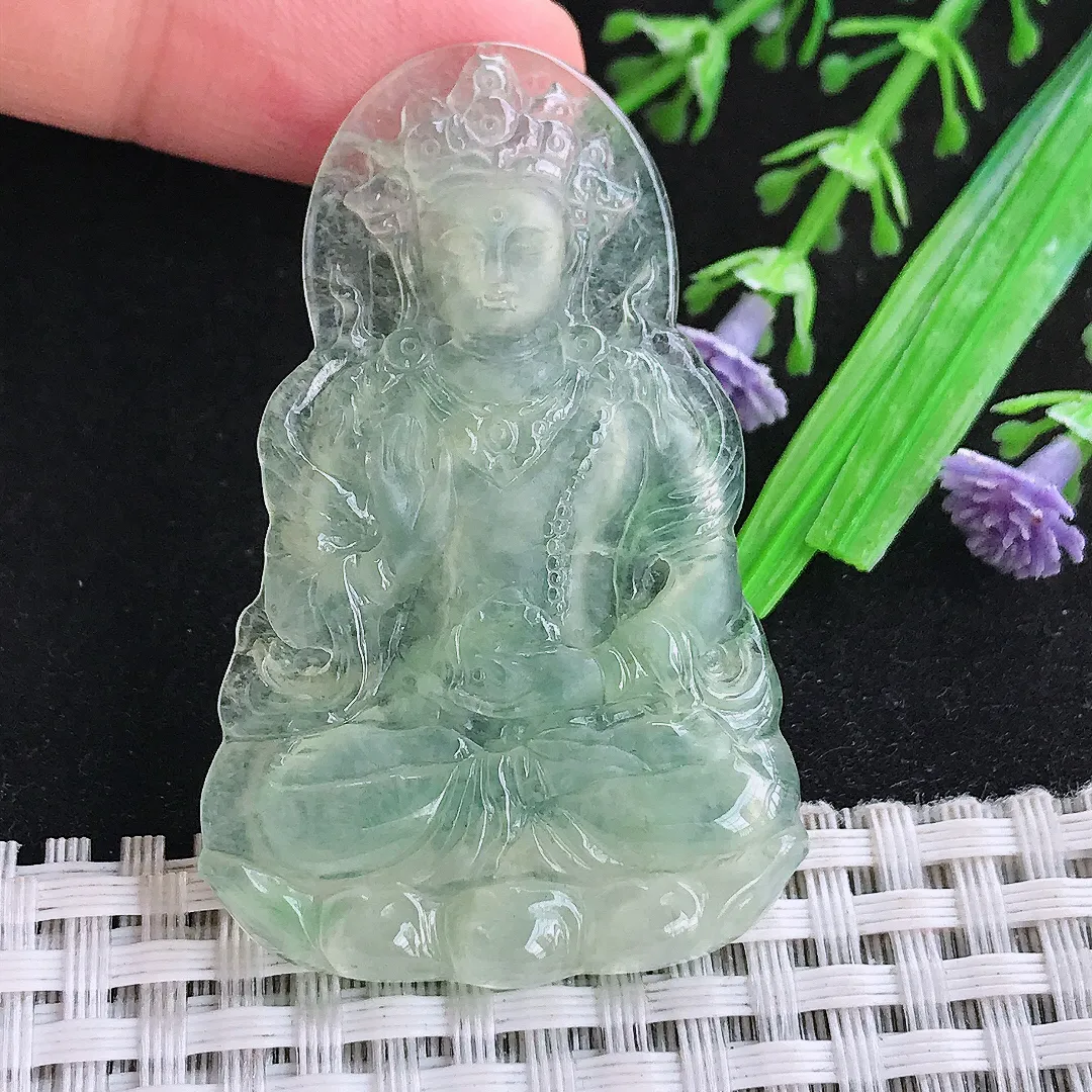 自然光52/33.6/4.2老坑冰种起胶满绿渡母菩萨吊坠翡翠玉石挂件