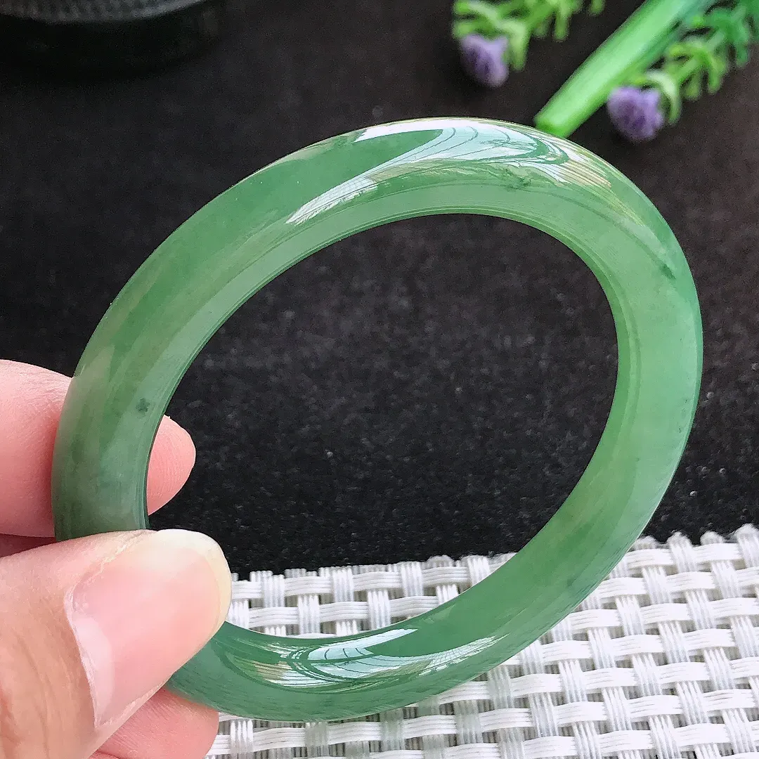 自然光51.5/8.8老坑冰胶果冻满绿小圈口圆条手镯天然翡翠玉镯女款